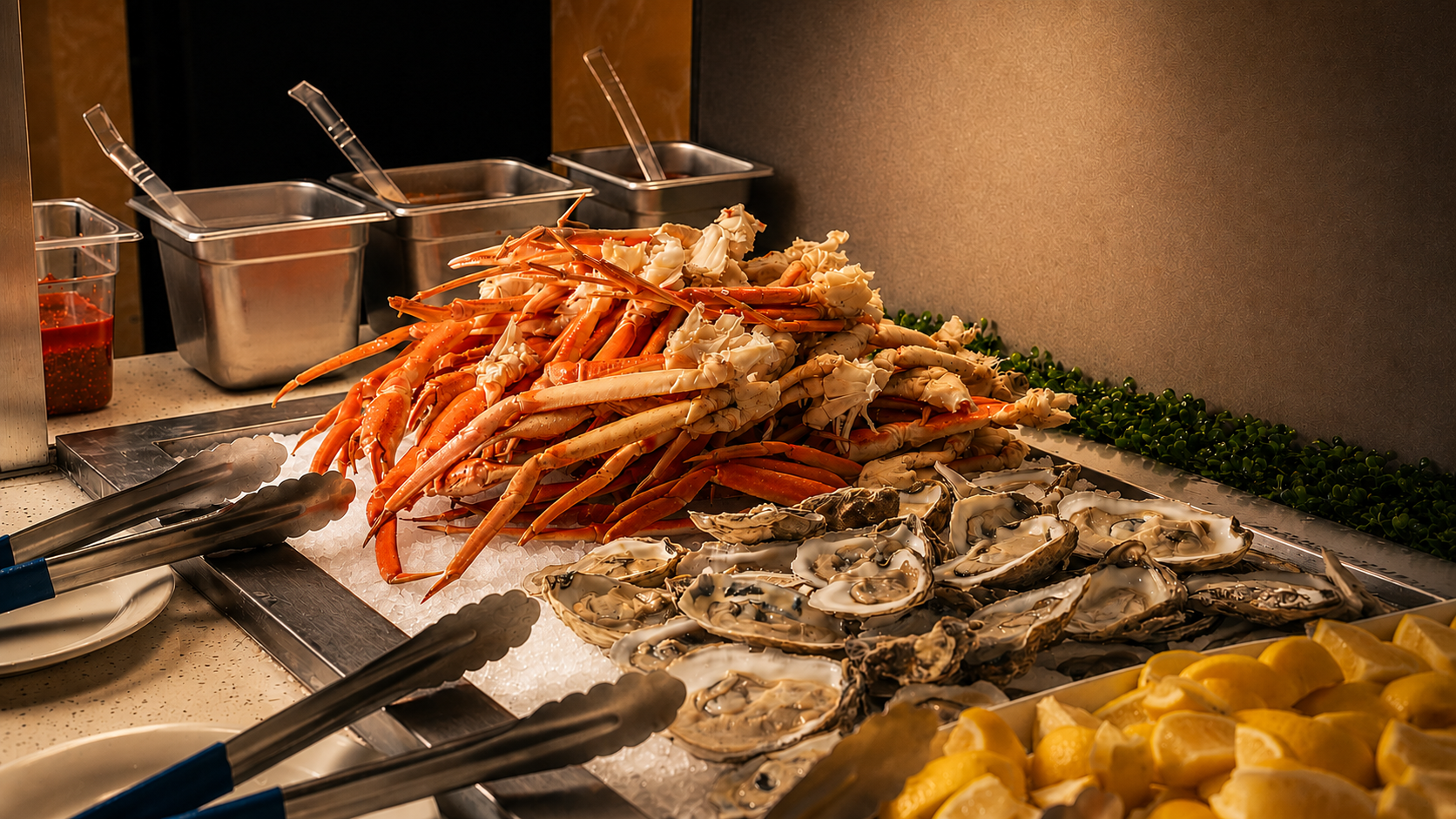 UMI Buffet seafood station with snow crab legs, fresh oysters and lemon on ice